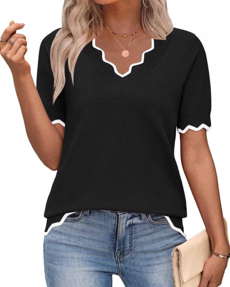 Odette | Women's Short Sleeve V-Neck Top | Lightweight Knit, Business Casual