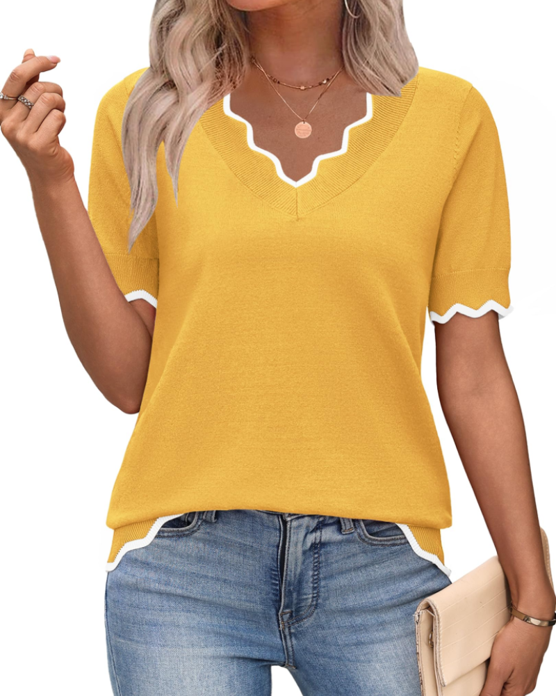 Odette | Women's Short Sleeve V-Neck Top | Lightweight Knit, Business Casual