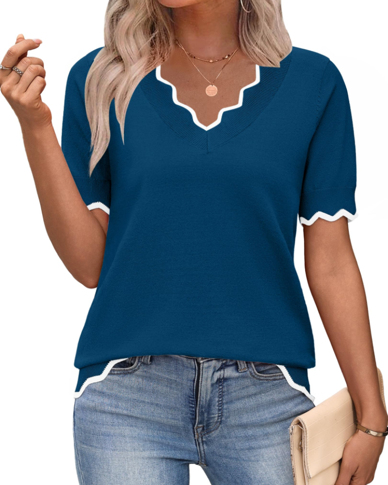 Odette | Women's Short Sleeve V-Neck Top | Lightweight Knit, Business Casual