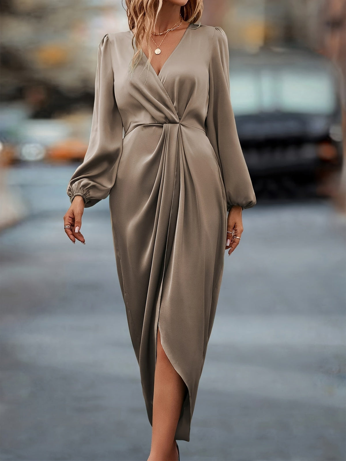 Wrap Dress Women Midi Length Long Sleeve Soft Draped Fabric Design