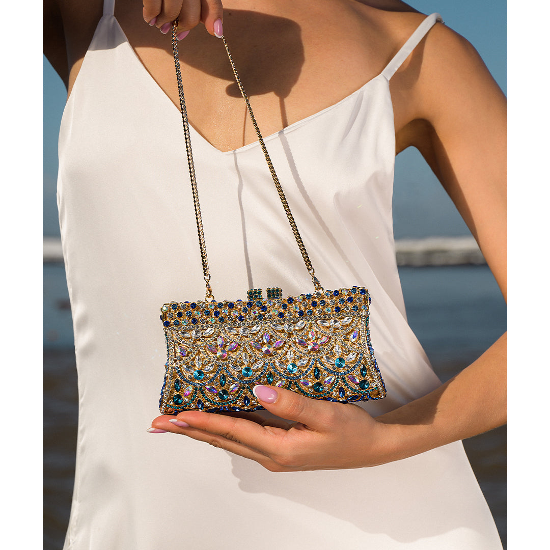 Calla | Crystal Evening Clutch Bag | Gold & Blue Rhinestone, Ornament Pattern