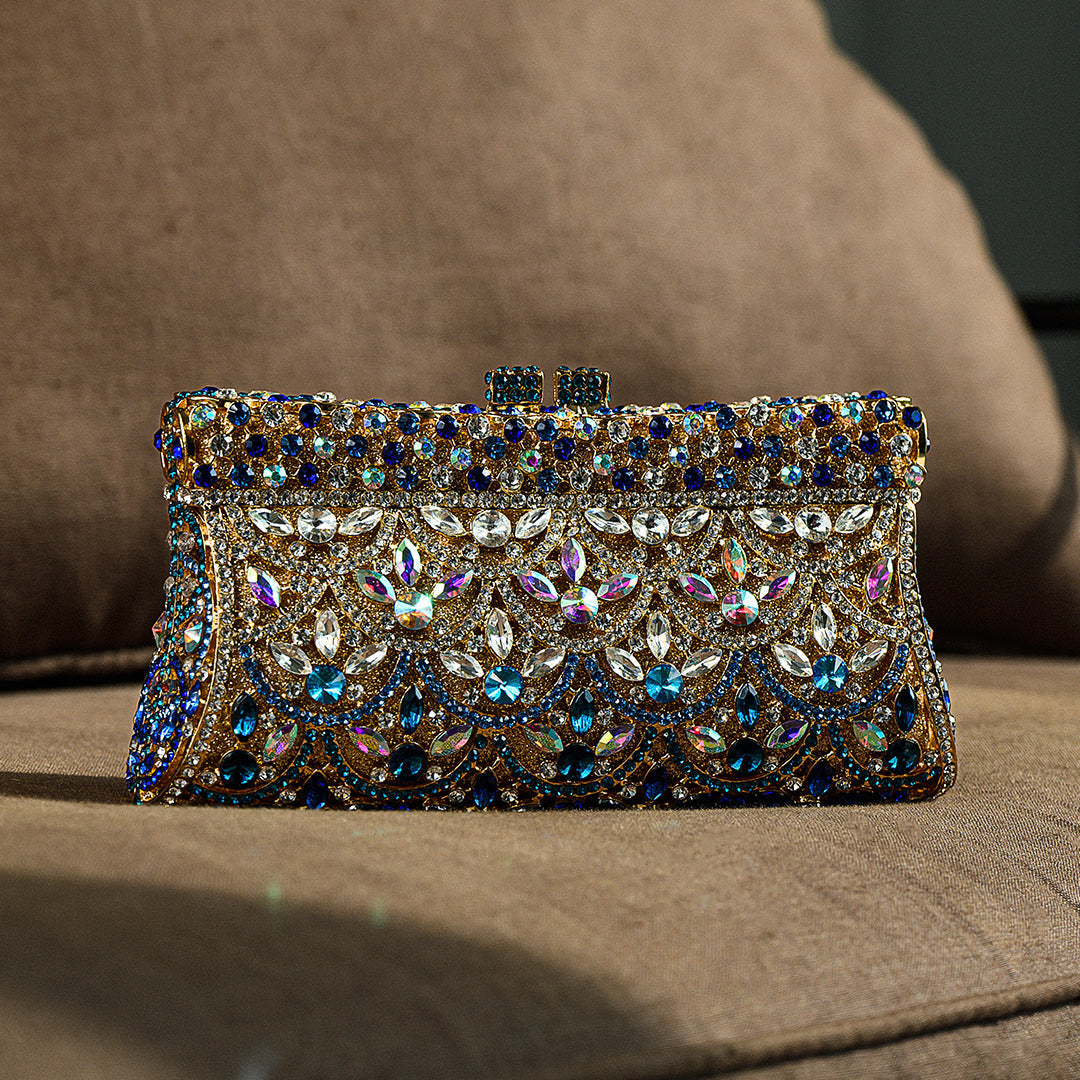 Calla | Crystal Evening Clutch Bag | Gold & Blue Rhinestone, Ornament Pattern