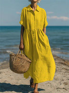 Women Linen Dress Button Front Flowy Midi | Yasmin