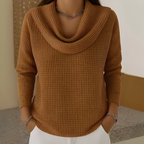 Women Waffle Knit Sweater Waterfall Neck
