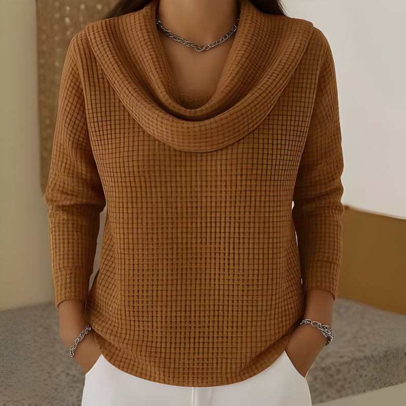 Women Waffle Knit Sweater Waterfall Neck