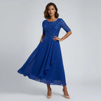 Cocktail Dress Women Midi Length Layered Tulle Lace Sheer Sleeve