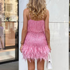 Cocktail Dress Women Sparkly Sequin Embellished Feather Trim Hem