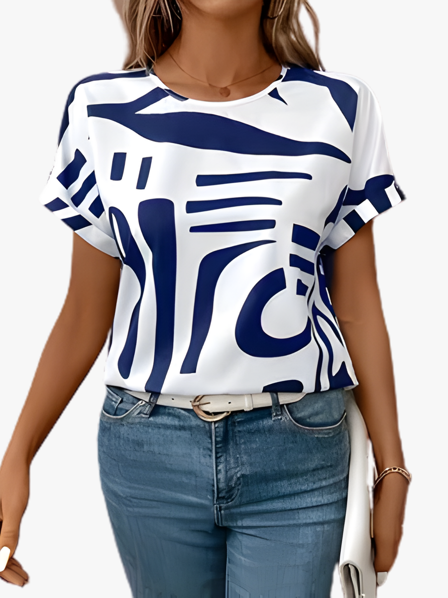 Yvaine | Women's Abstract Print T-Shirt | White, Short Sleeve, Round Neck