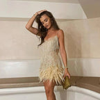 Mini Dress Women Fitted Bodycon Feather Embellished
