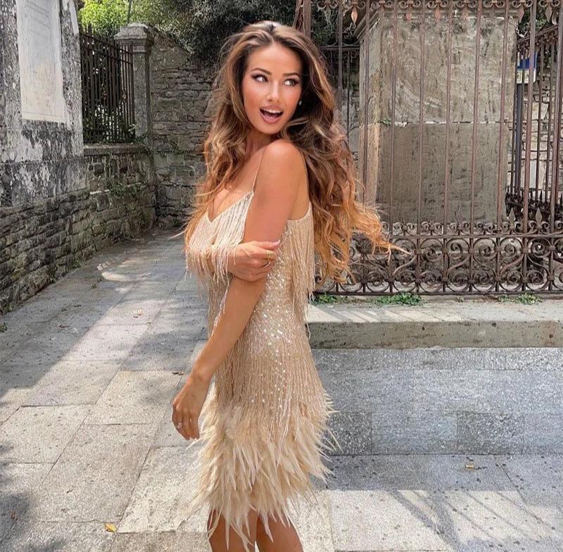 Party Dress Women Feather Trim Short Mini Cocktail Dress Evening Wear