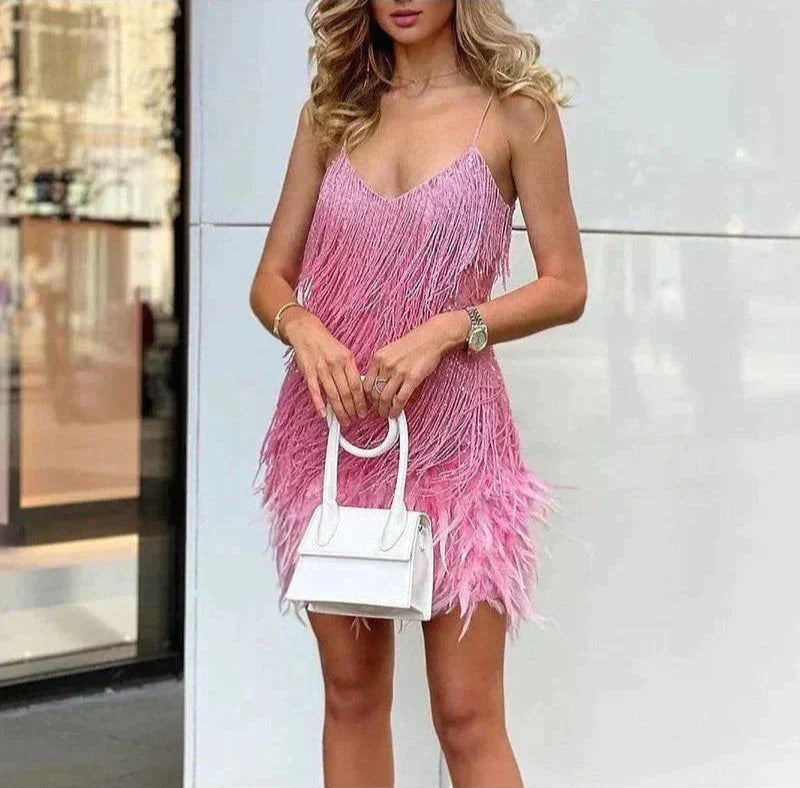 Party Dress Women Feather Trim Short Mini Cocktail Dress Evening Wear