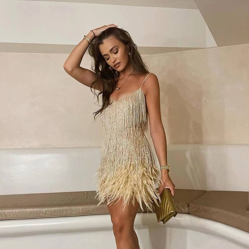 Cocktail Dress Women Sparkly Sequin Embellished Feather Trim Hem