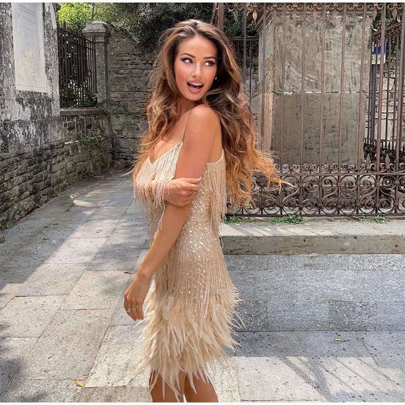 Cocktail Dress Women Sparkly Sequin Embellished Feather Trim Hem