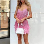 Cocktail Dress Women Sparkly Sequin Embellished Feather Trim Hem