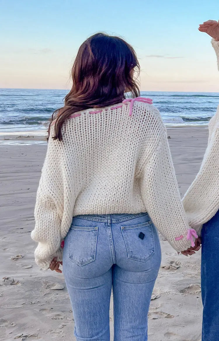 Women Chunky Knit Pullover One Shoulder Bow Detail
