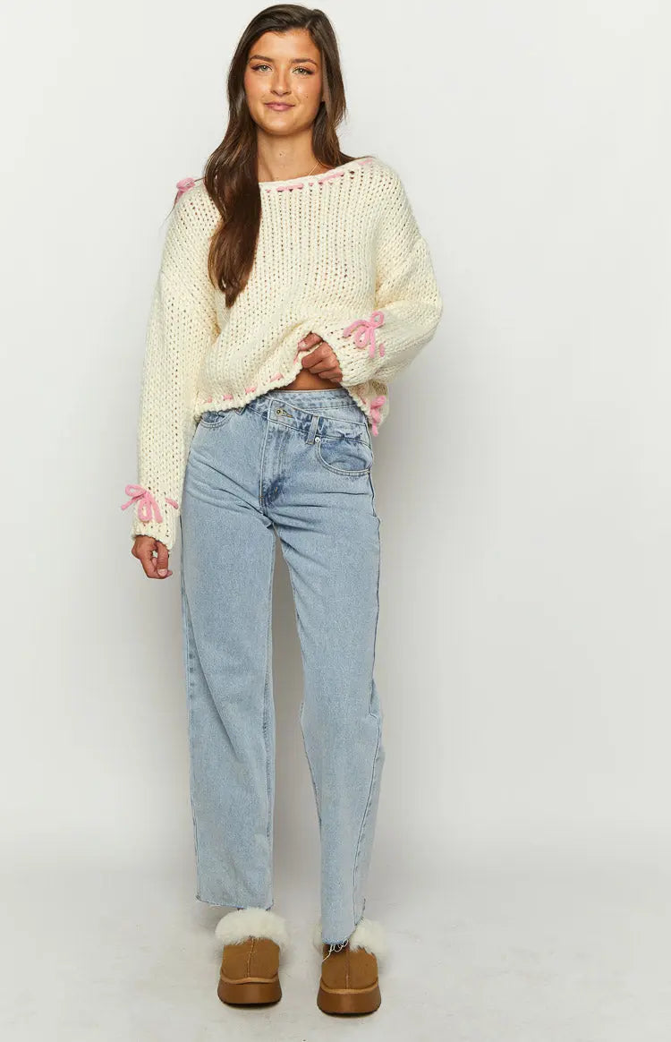 Women Chunky Knit Pullover One Shoulder Bow Detail