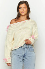 Women Chunky Knit Pullover One Shoulder Bow Detail