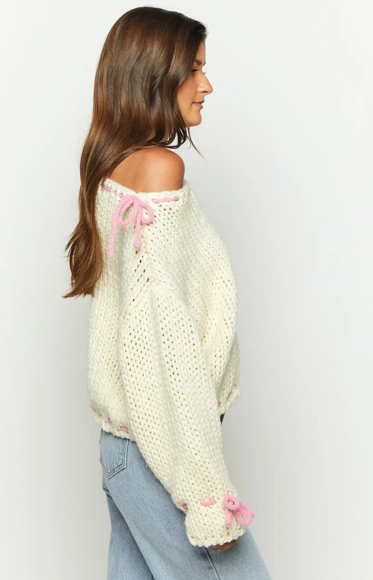 Women Chunky Knit Pullover One Shoulder Bow Detail