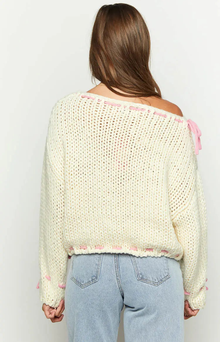 Women Chunky Knit Pullover One Shoulder Bow Detail
