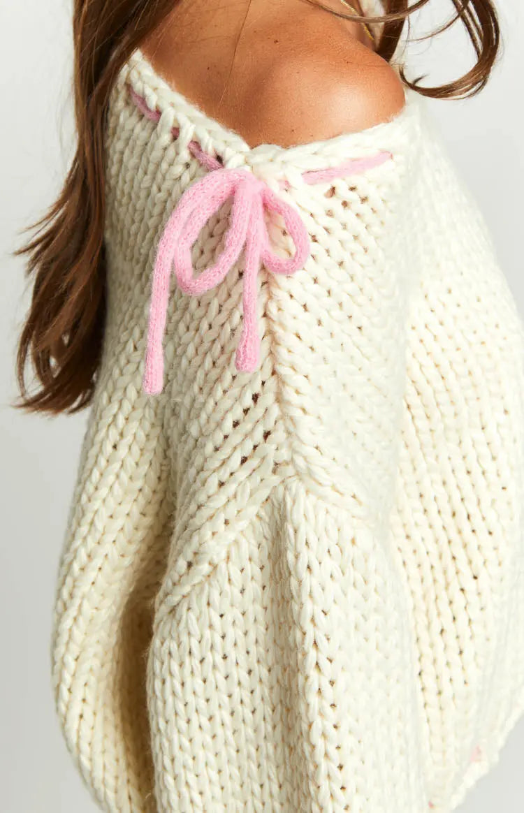 Women Chunky Knit Pullover One Shoulder Bow Detail