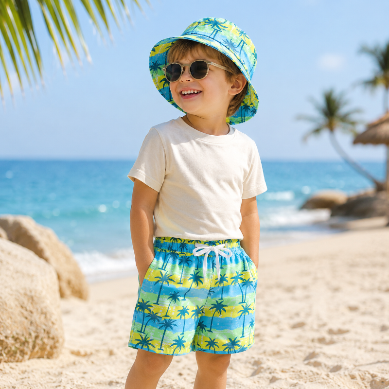 Kids 2 Piece Swim Shorts Bucket Hat Set Printed
