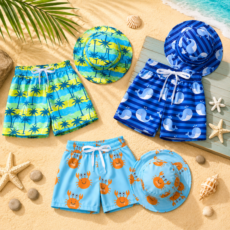 Kids 2 Piece Swim Shorts Bucket Hat Set Printed