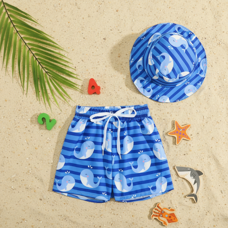 Kids 2 Piece Swim Shorts Bucket Hat Set Printed