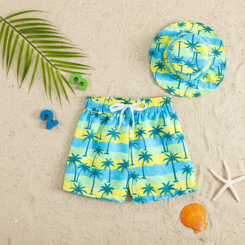 Kids 2 Piece Swim Shorts Bucket Hat Set Printed