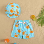 Kids 2 Piece Swim Shorts Bucket Hat Set Printed