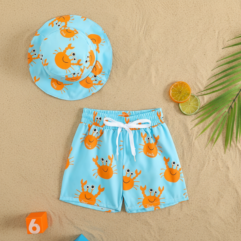 Kids 2 Piece Swim Shorts Bucket Hat Set Printed
