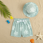Kids 2 Piece Swim Shorts Bucket Hat Set Printed