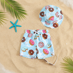Kids 2 Piece Swim Shorts Bucket Hat Set Printed