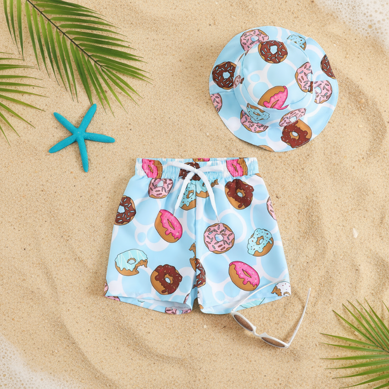 Kids 2 Piece Swim Shorts Bucket Hat Set Printed