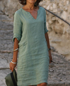 Women Linen Dress V Neck Three Quarter Sleeve | Dahlia