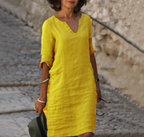 Women Linen Dress V Neck Three Quarter Sleeve | Dahlia