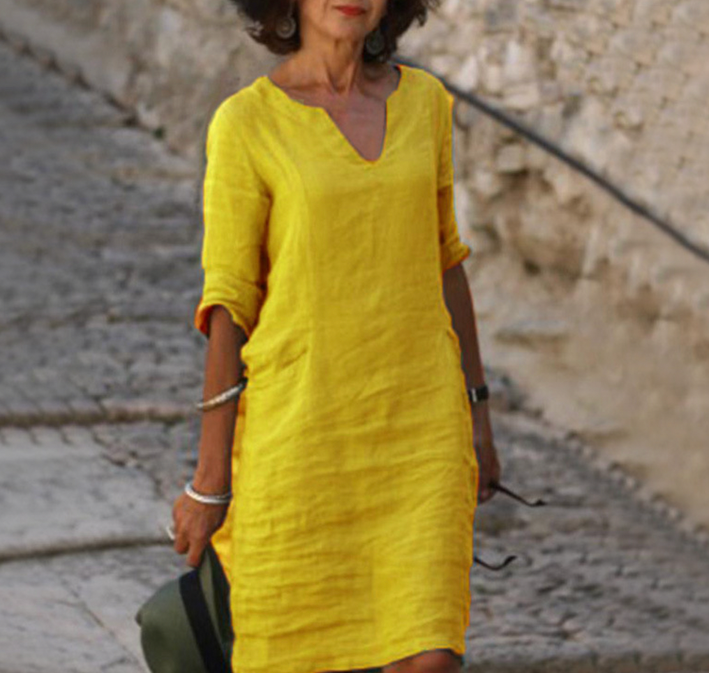 Women Linen Dress V Neck Three Quarter Sleeve | Dahlia
