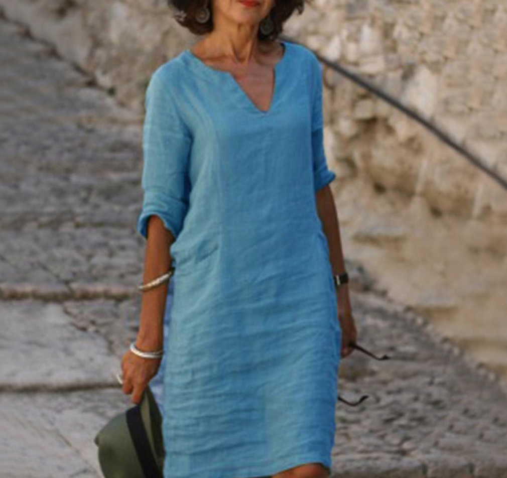 Women Linen Dress V Neck Three Quarter Sleeve | Dahlia