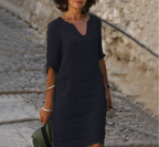 Women Linen Dress V Neck Three Quarter Sleeve | Dahlia