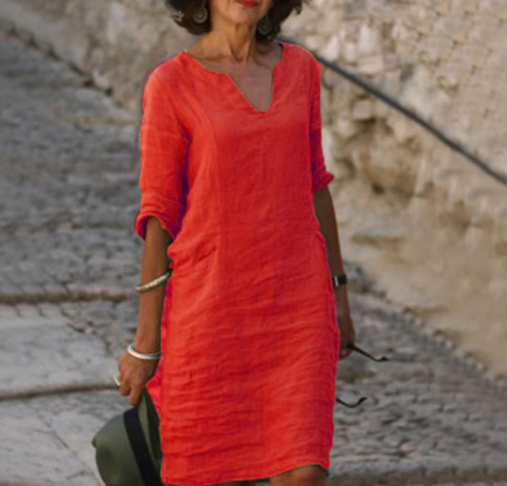 Women Linen Dress V Neck Three Quarter Sleeve | Dahlia