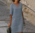 Women Linen Dress V Neck Three Quarter Sleeve | Dahlia