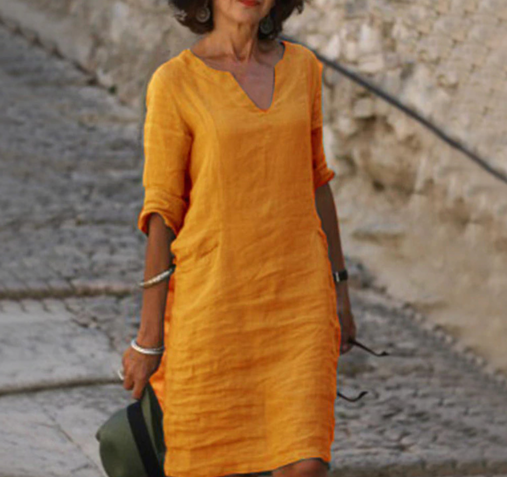 Women Linen Dress V Neck Three Quarter Sleeve | Dahlia
