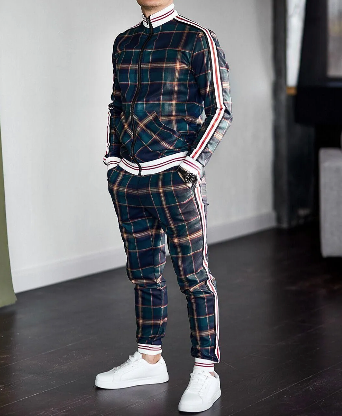 Perla | Men's Tracksuit Set | Plaid Pattern, Slim Fit | Jacket & Pants