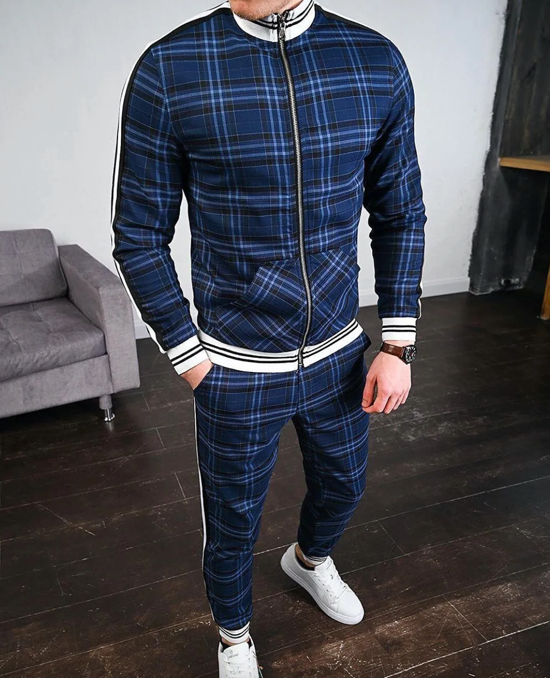 Perla | Men's Tracksuit Set | Plaid Pattern, Slim Fit | Jacket & Pants