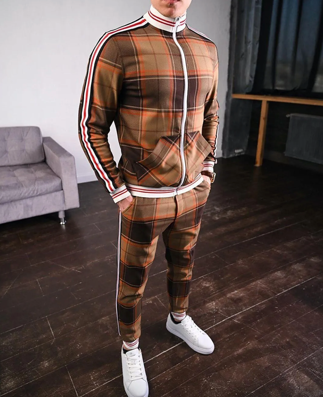 Perla | Men's Tracksuit Set | Plaid Pattern, Slim Fit | Jacket & Pants