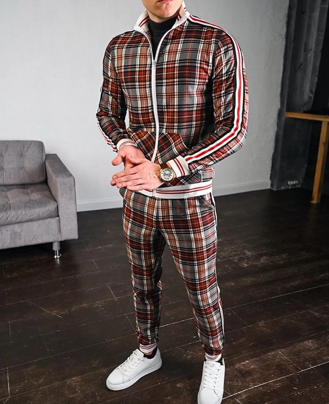 Perla | Men's Tracksuit Set | Plaid Pattern, Slim Fit | Jacket & Pants