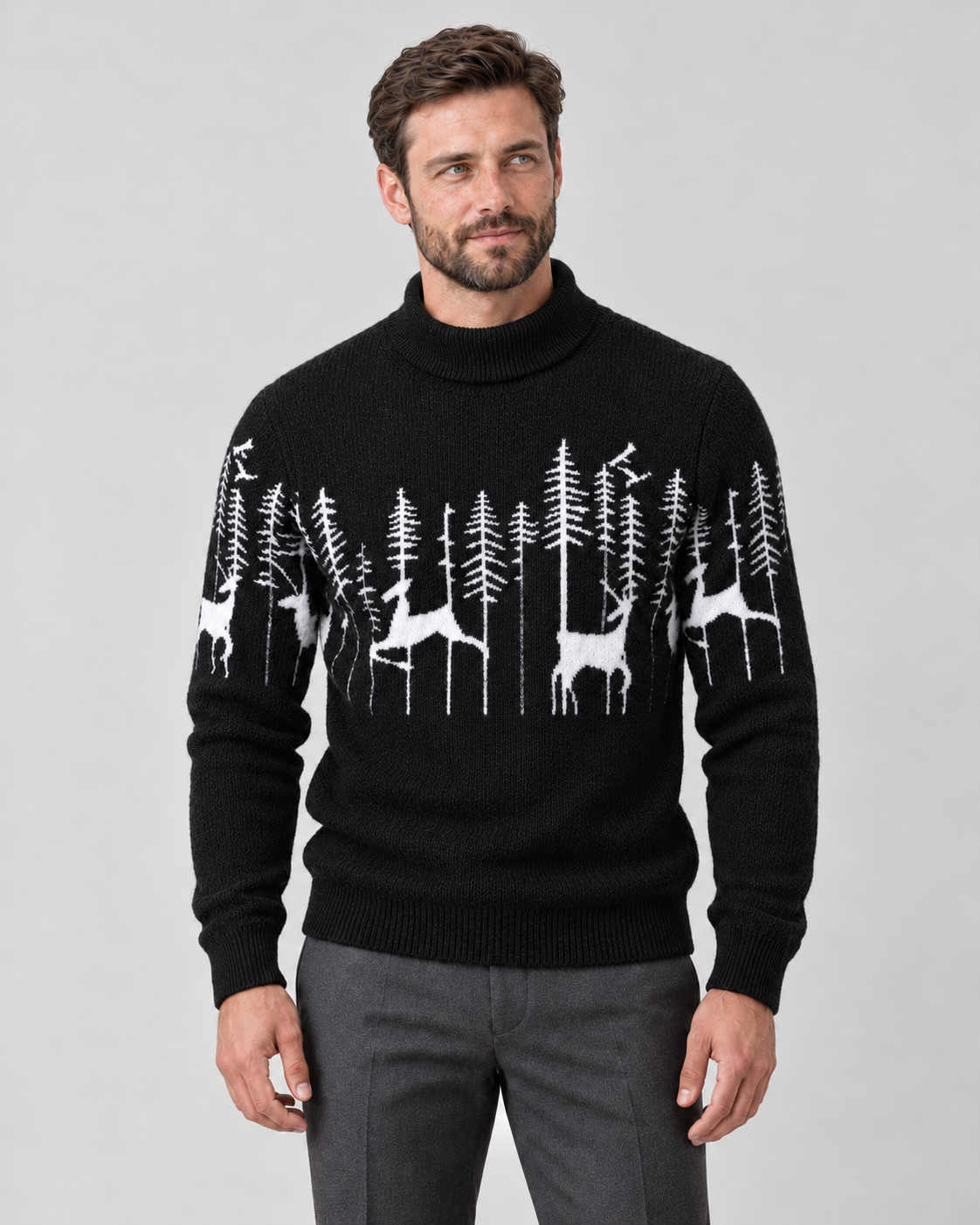Christmas Sweater Men Festive Reindeer Jacquard Knit Mock Neck