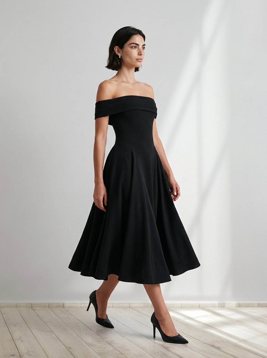 Midi Dress Women Off Shoulder Fitted Bodice Pleated Flared Skirt