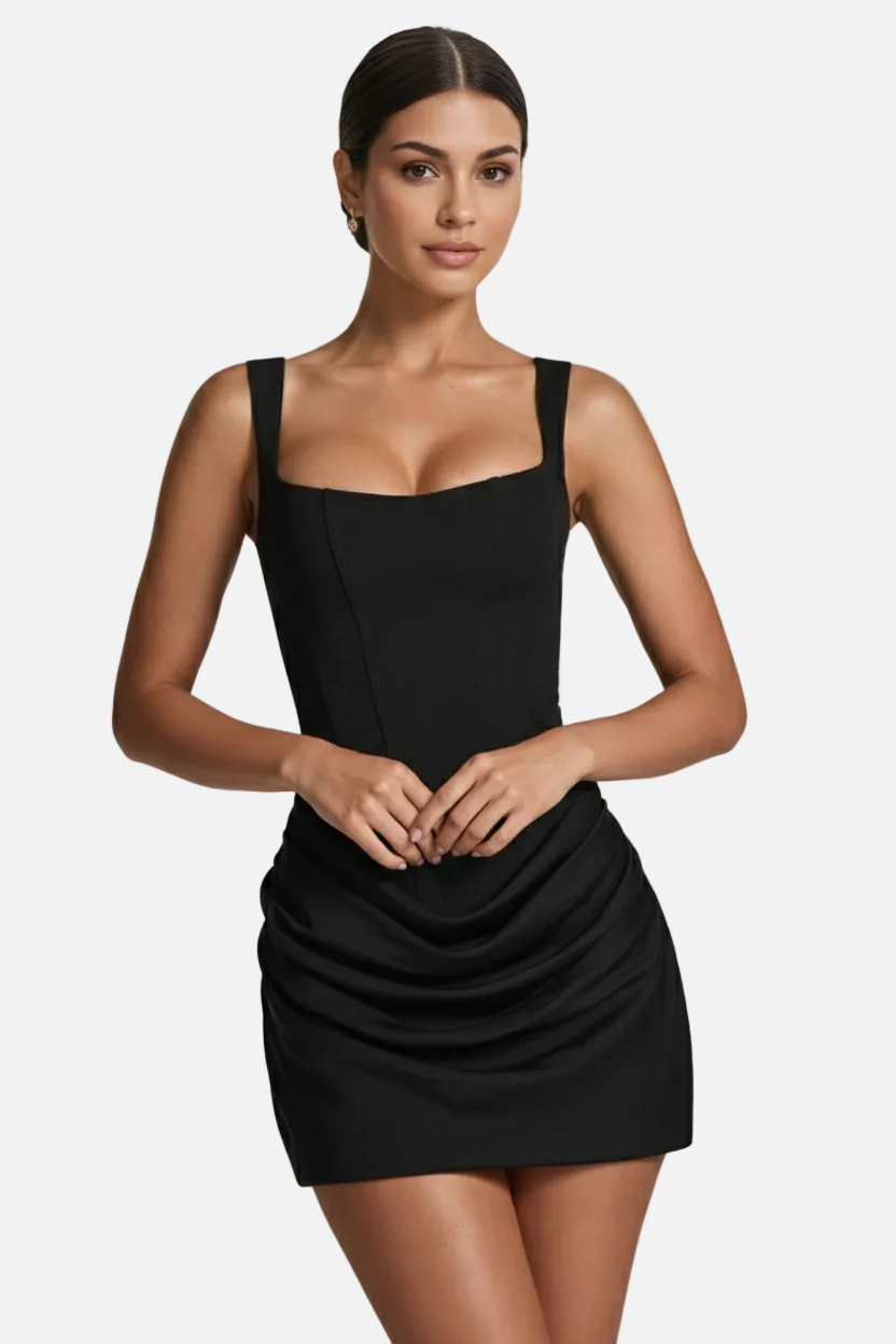 Women Mini Dress Square Neckline Ruched Draped Hem