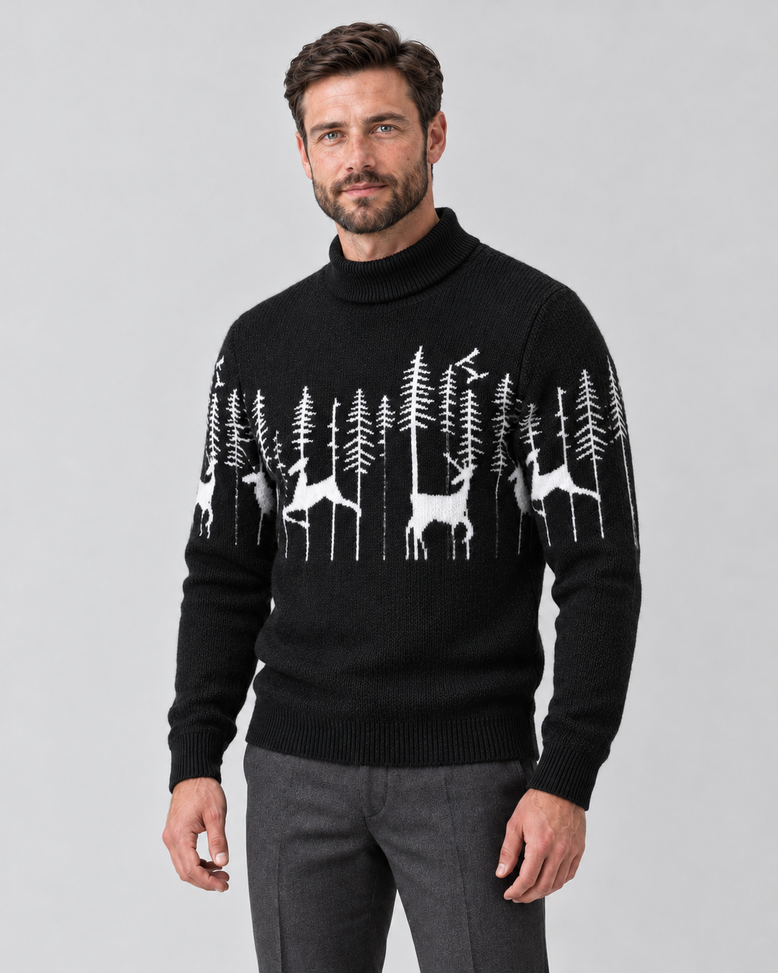 Christmas Sweater Men Festive Reindeer Jacquard Knit Mock Neck