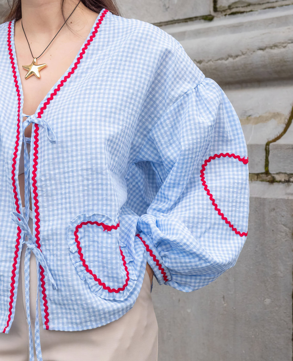 Dahlia | Women's Heart Blouse | Gingham, Ruffle, Tie-Front | Romantic